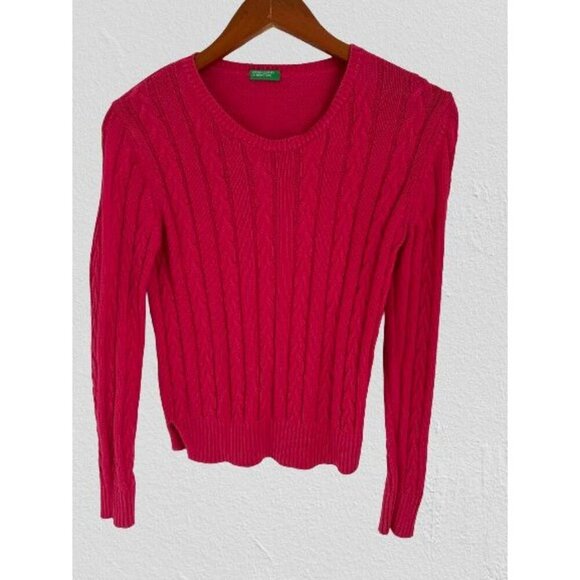 UNITED COLORS Of BENETTON Cable Knitted Crewneck Cotton Red Raspberry Size Small - Picture 2 of 10